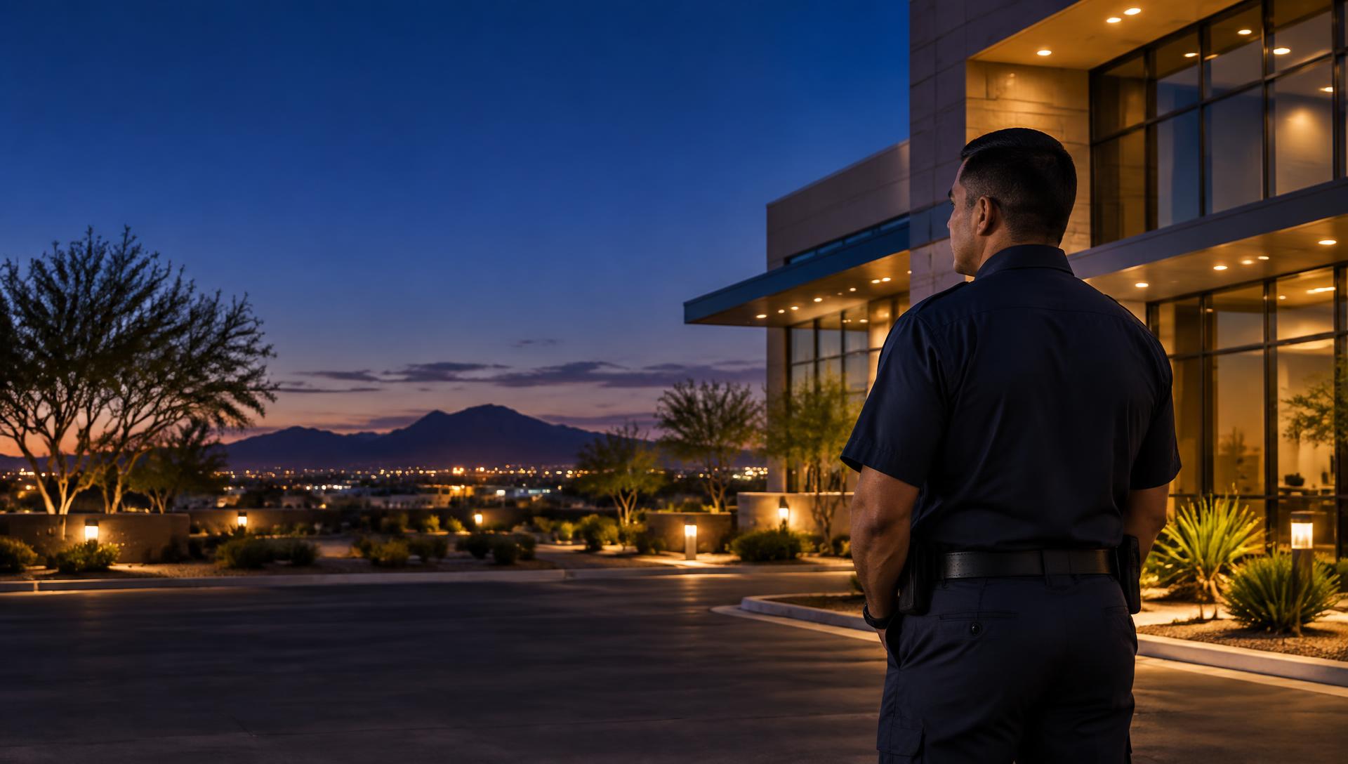 Unarmed security professional monitoring an Arizona commercial property